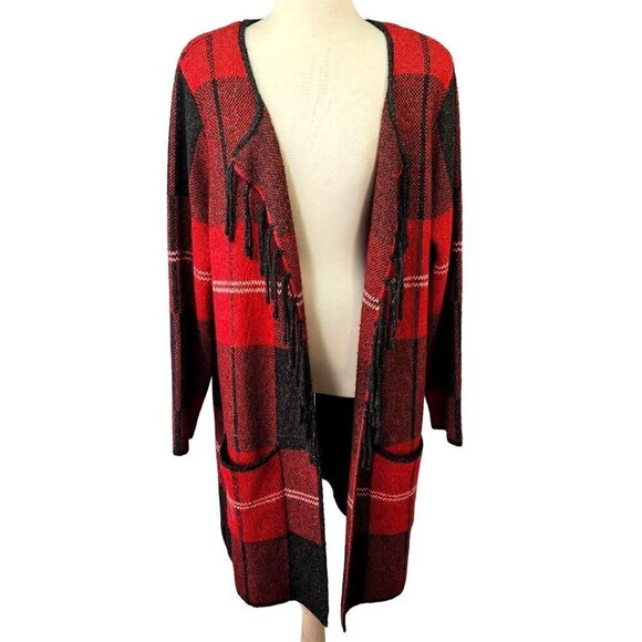 Adrienne Vittadini Long Open Cardigan Sweater Fringed Black Red Plaid Womens 2X - Picture 2 of 10